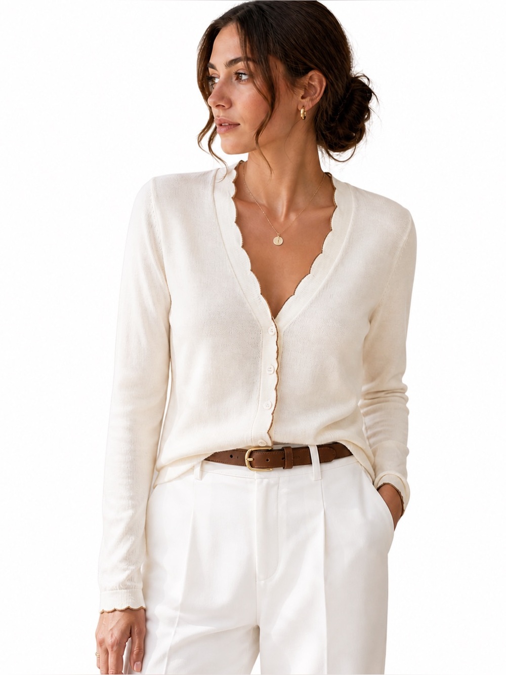 J McLaughlin Cream Cardigan M Cashmere Blend Scallop Trim Chic